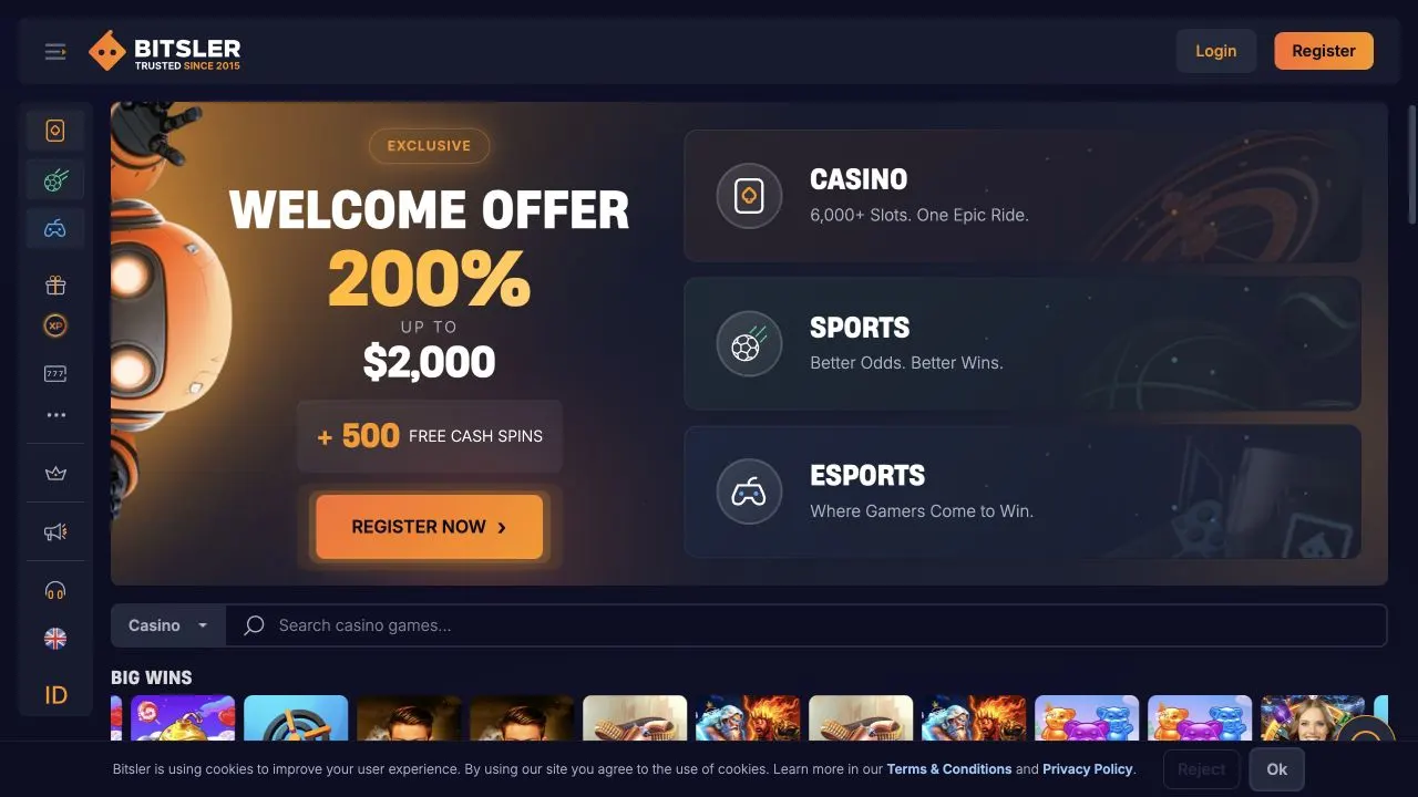 Rozhraní Bitsler s nabídkou kasina, sportu, esportu a krypto her