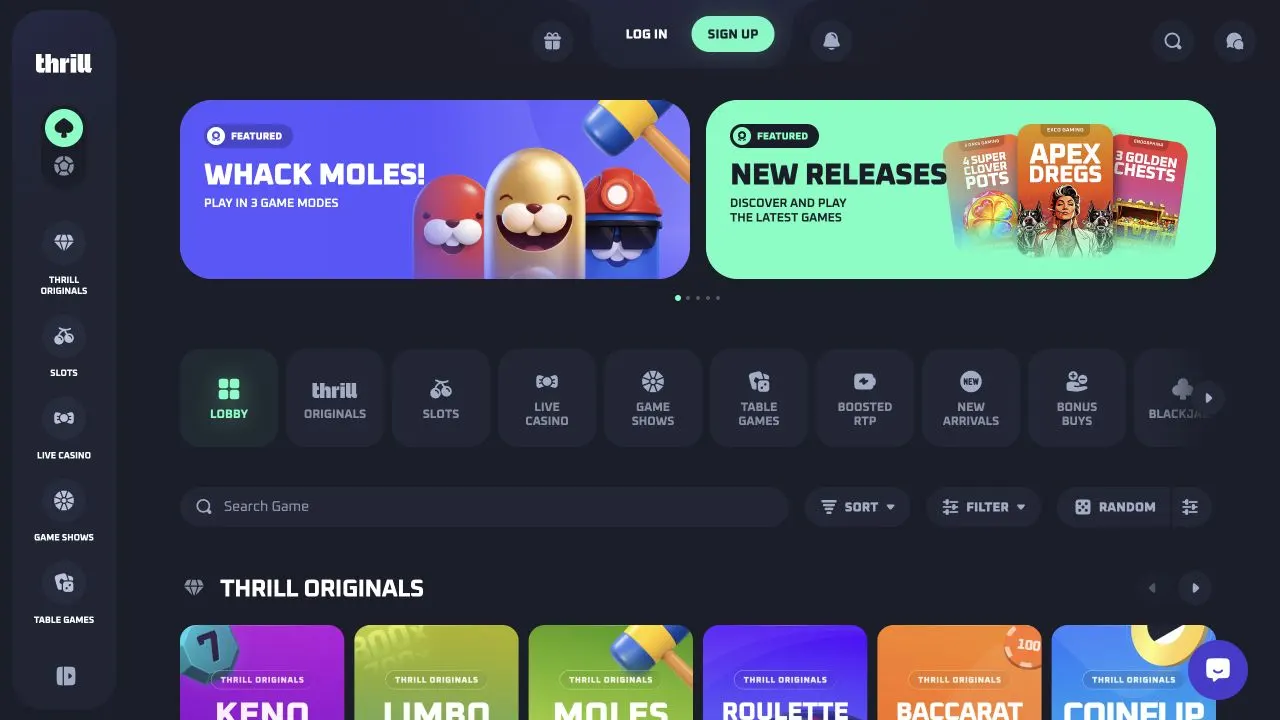 Rozhraní krypto kasina Thrill s kategoriemi Originals, automaty a živé kasino