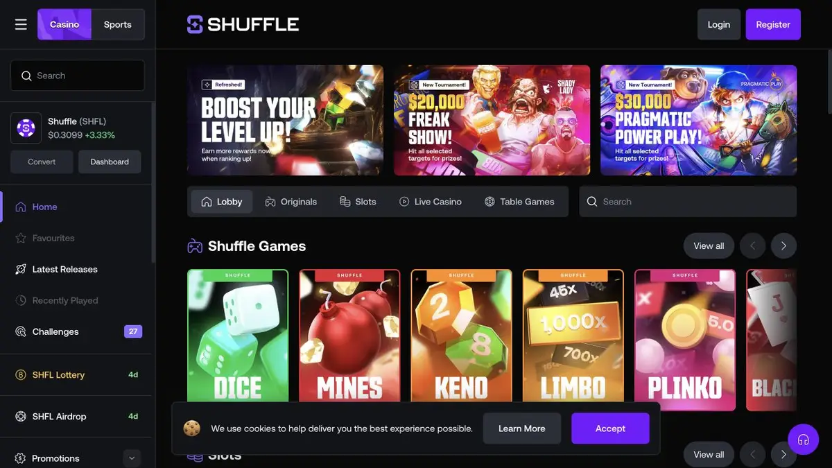 Oficiální lobby Shuffle s Originals, automaty, sportem, odměnami a peněženkou