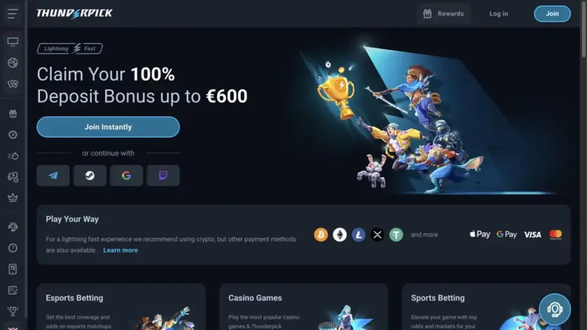 Oficiální Thunderpick rozhraní se sportovními a esportovými trhy a kasinem