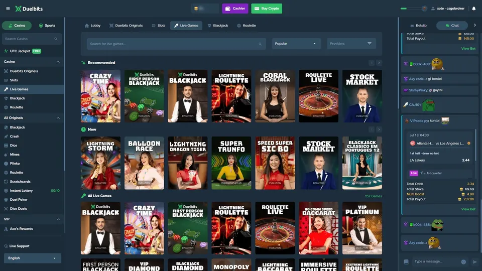 Duelbits lobby s kasinem, sportem, esportem a VIP programem