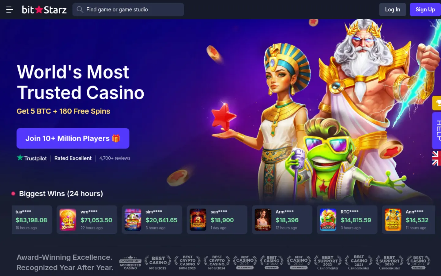 Oficiální rozhraní BitStarz zobrazené v české recenzi krypto kasina