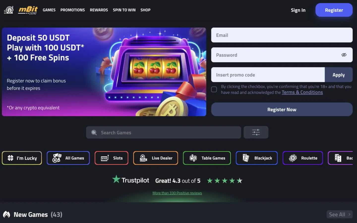 Oficiální rozhraní mBit Casino zobrazené v české recenzi krypto kasina