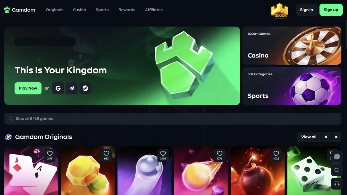 Oficiální Gamdom rozhraní s Originals, kasinem, sportem, komunitou a VIP odměnami