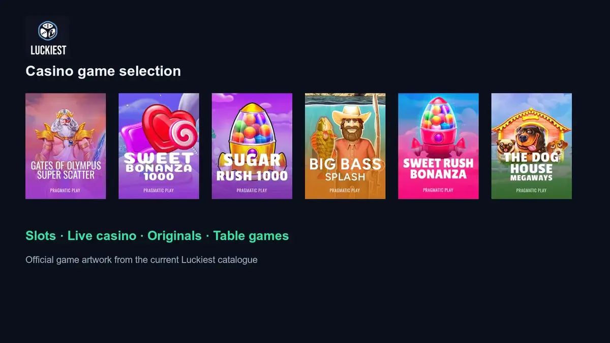 Katalog Luckiest s automaty, živým kasinem, stolními hrami a Luckiest Originals