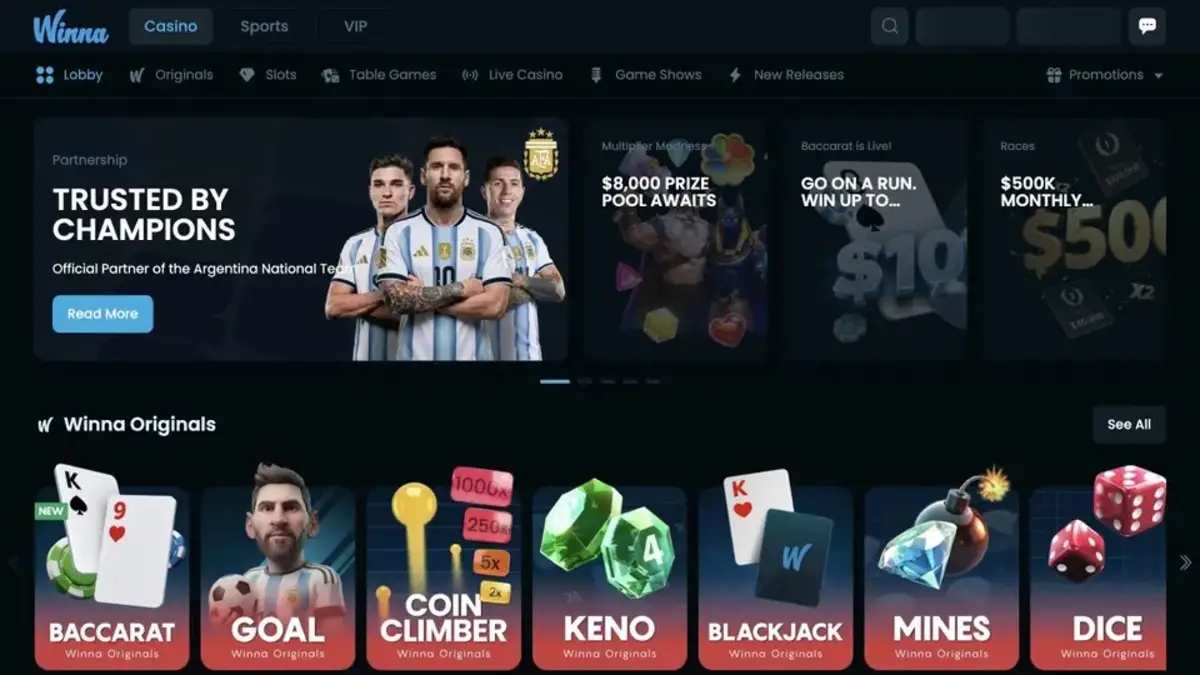 Oficiální Winna lobby s Originals, automaty, živým kasinem, sportem a výzvami