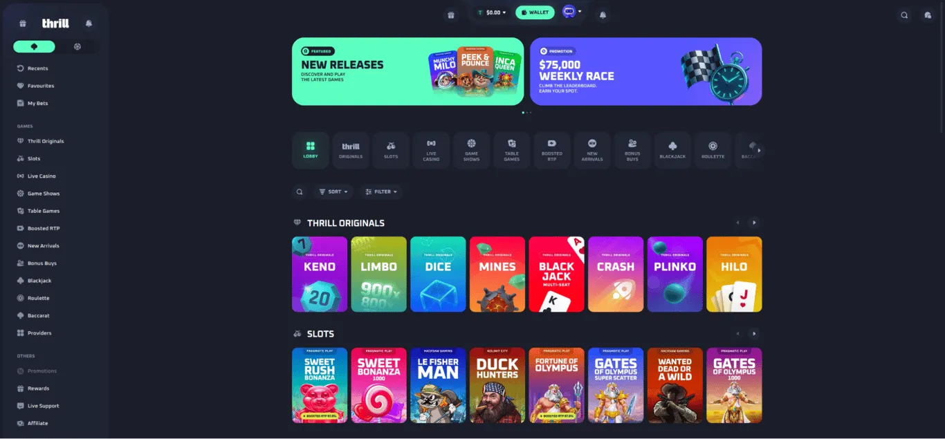 Lobby krypto kasina Thrill s vlastními hrami, automaty a živým kasinem